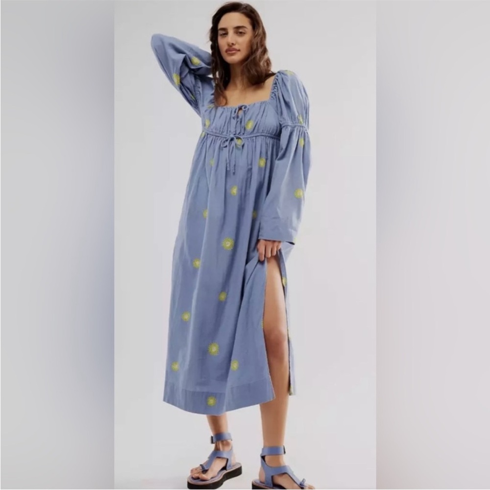 XL Free People Emory Embroidered Midi Dress in blue flowers sun